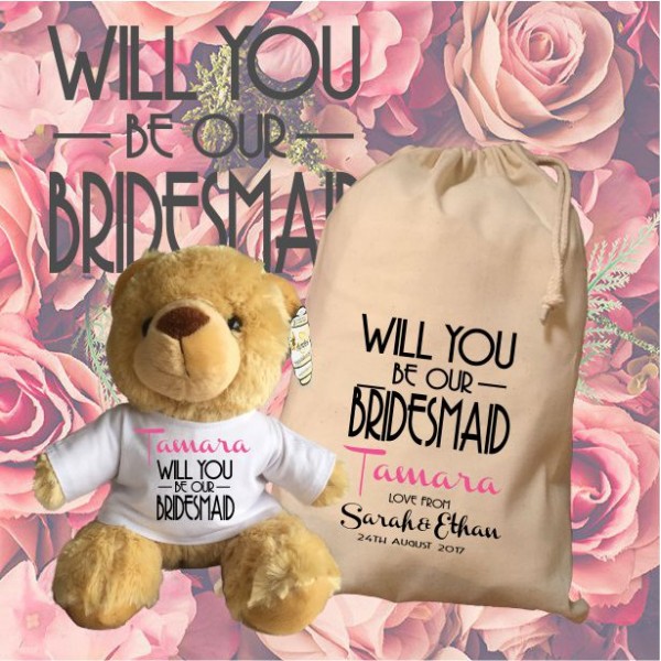 Personalised Bridesmaid Teddy Bear With Matching Gift Bag - Tamara Design - Wedding Favour, Wedding Gift